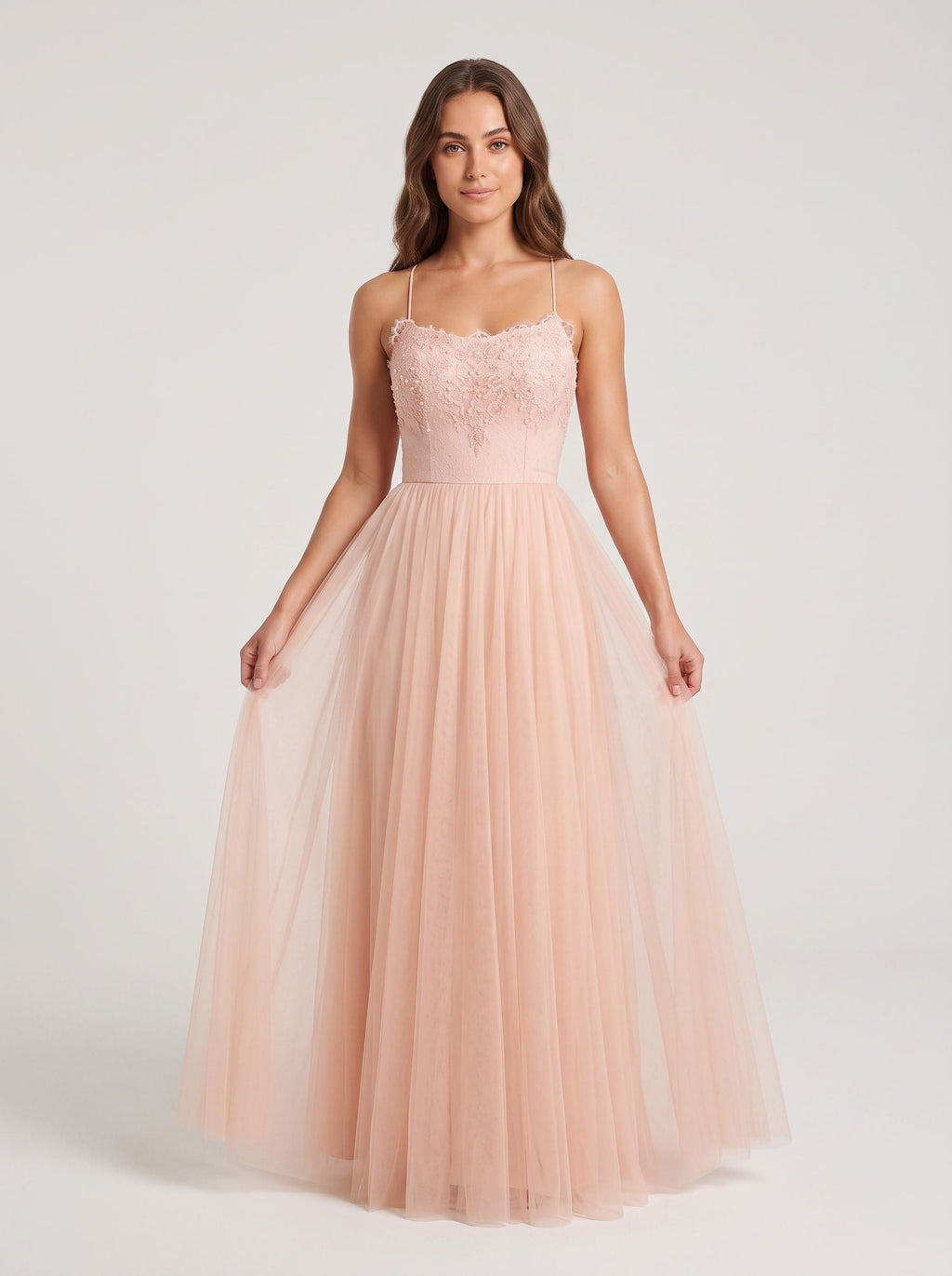 Blushing Pink Tulle A-Line Scoop Neck Lace-up Floor-Length Dress with Lace Overlay - Curvevia