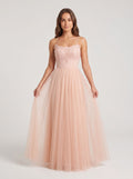 Blushing Pink Tulle A-Line Scoop Neck Lace-up Floor-Length Dress with Lace Overlay - Curvevia