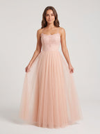 Blushing Pink Tulle A-Line Scoop Neck Lace-up Floor-Length Dress with Lace Overlay - Curvevia