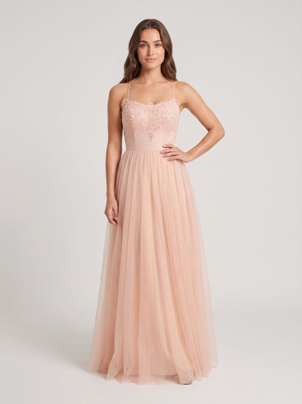 Blushing Pink Tulle A-Line Scoop Neck Lace-up Floor-Length Dress with Lace Overlay - Curvevia