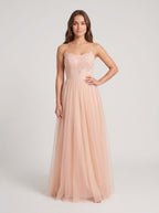 Blushing Pink Tulle A-Line Scoop Neck Lace-up Floor-Length Dress with Lace Overlay - Curvevia