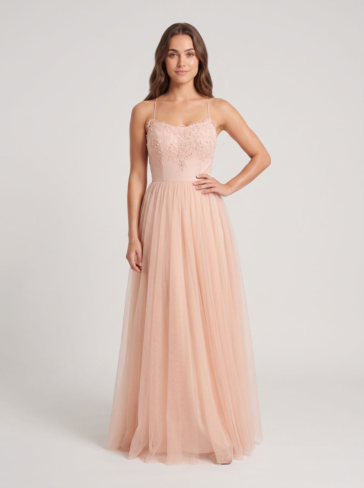 Blushing Pink Tulle A-Line Scoop Neck Lace-up Floor-Length Dress with Lace Overlay - Curvevia