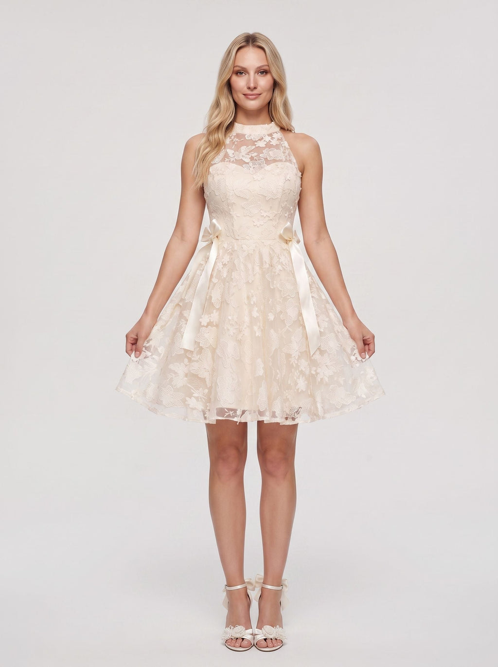 Ivory Lace A-Line Scoop Neckline Back Zip Short Dress with Scalloped Bodice - Curvevia