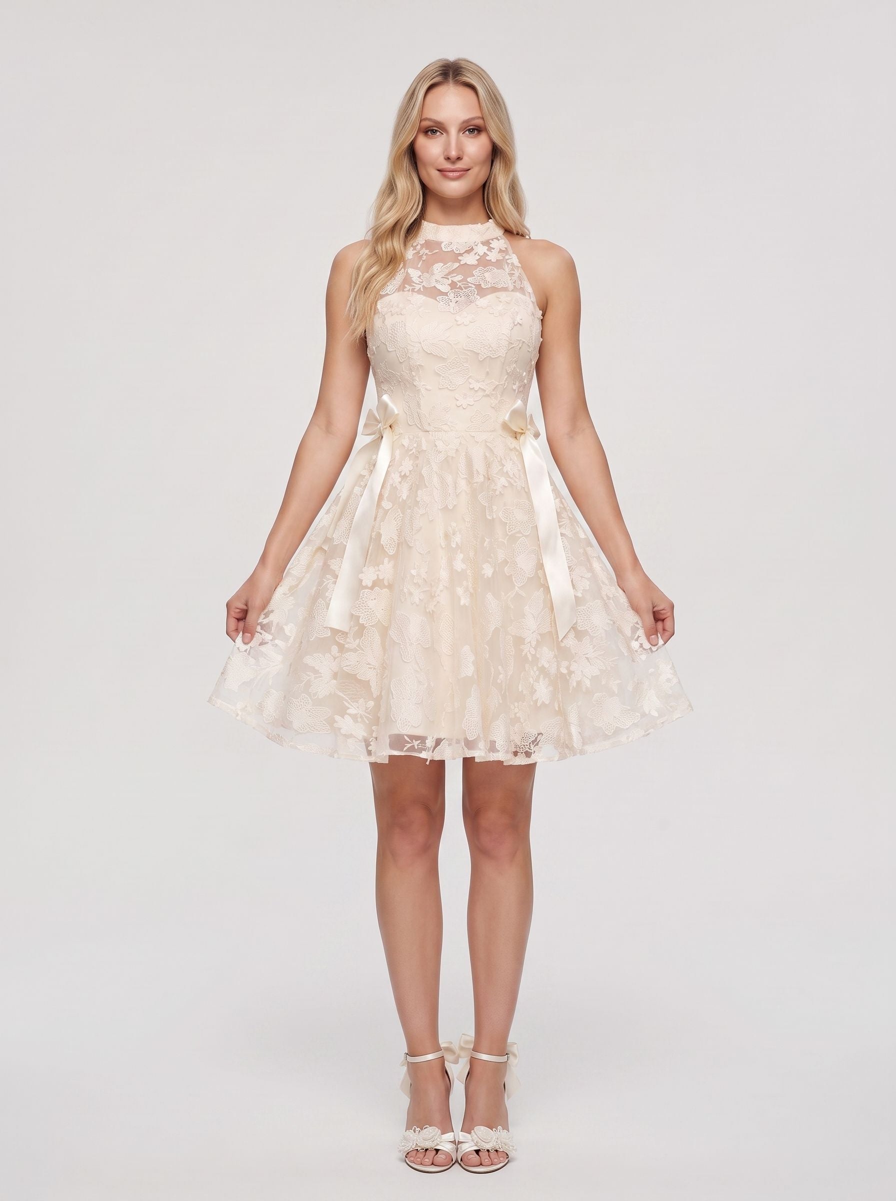 Ivory Lace A-Line Scoop Neckline Back Zip Short Dress with Scalloped Bodice - Curvevia