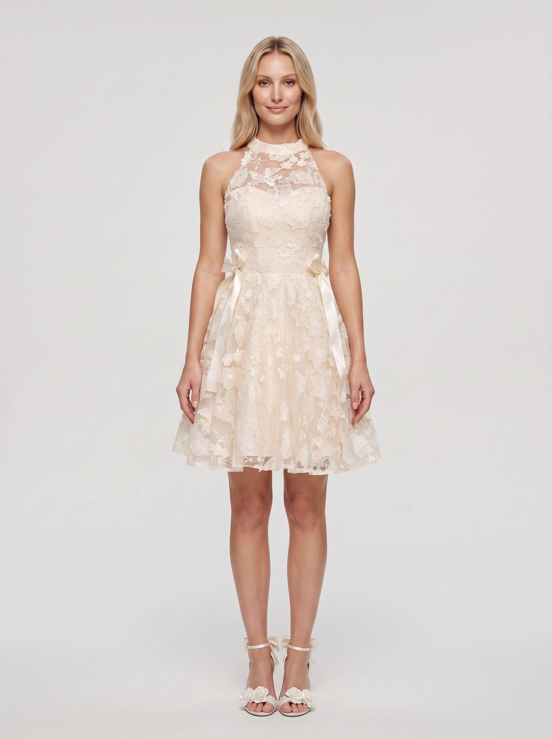 Ivory Lace A-Line Scoop Neckline Back Zip Short Dress with Scalloped Bodice - Curvevia