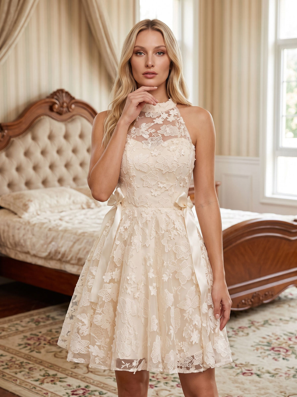 Ivory Lace A-Line Scoop Neckline Back Zip Short Dress with Scalloped Bodice - Curvevia