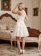 Ivory Lace A-Line Scoop Neckline Back Zip Short Dress with Scalloped Bodice - Curvevia