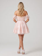 Pink Lace A-Line Off-the-Shoulder Back Zip Short Dress with Sweetheart Bodice - Curvevia