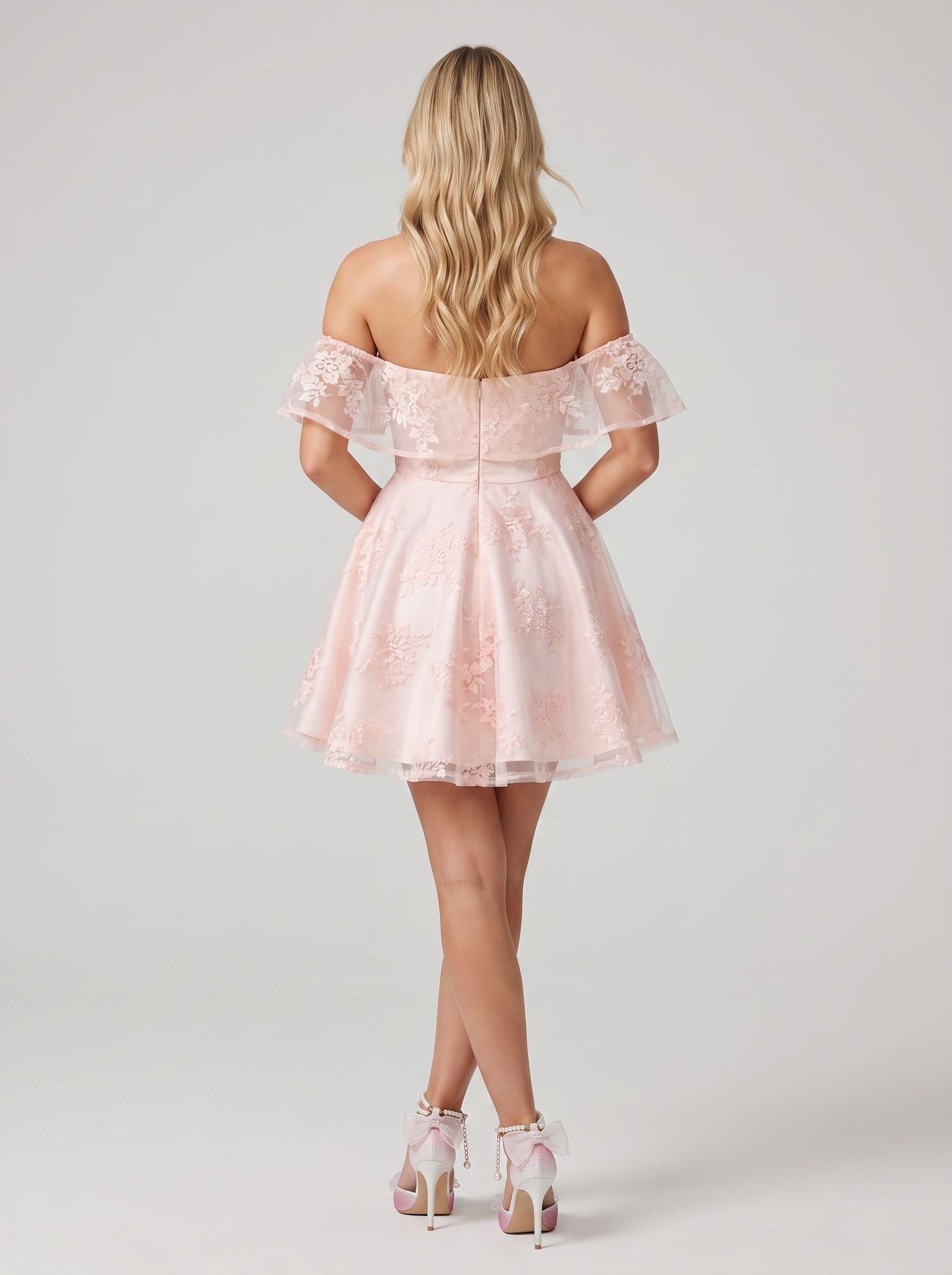 Pink Lace A-Line Off-the-Shoulder Back Zip Short Dress with Sweetheart Bodice - Curvevia