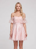 Pink Lace A-Line Off-the-Shoulder Back Zip Short Dress with Sweetheart Bodice - Curvevia