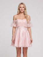 Pink Lace A-Line Off-the-Shoulder Back Zip Short Dress with Sweetheart Bodice - Curvevia