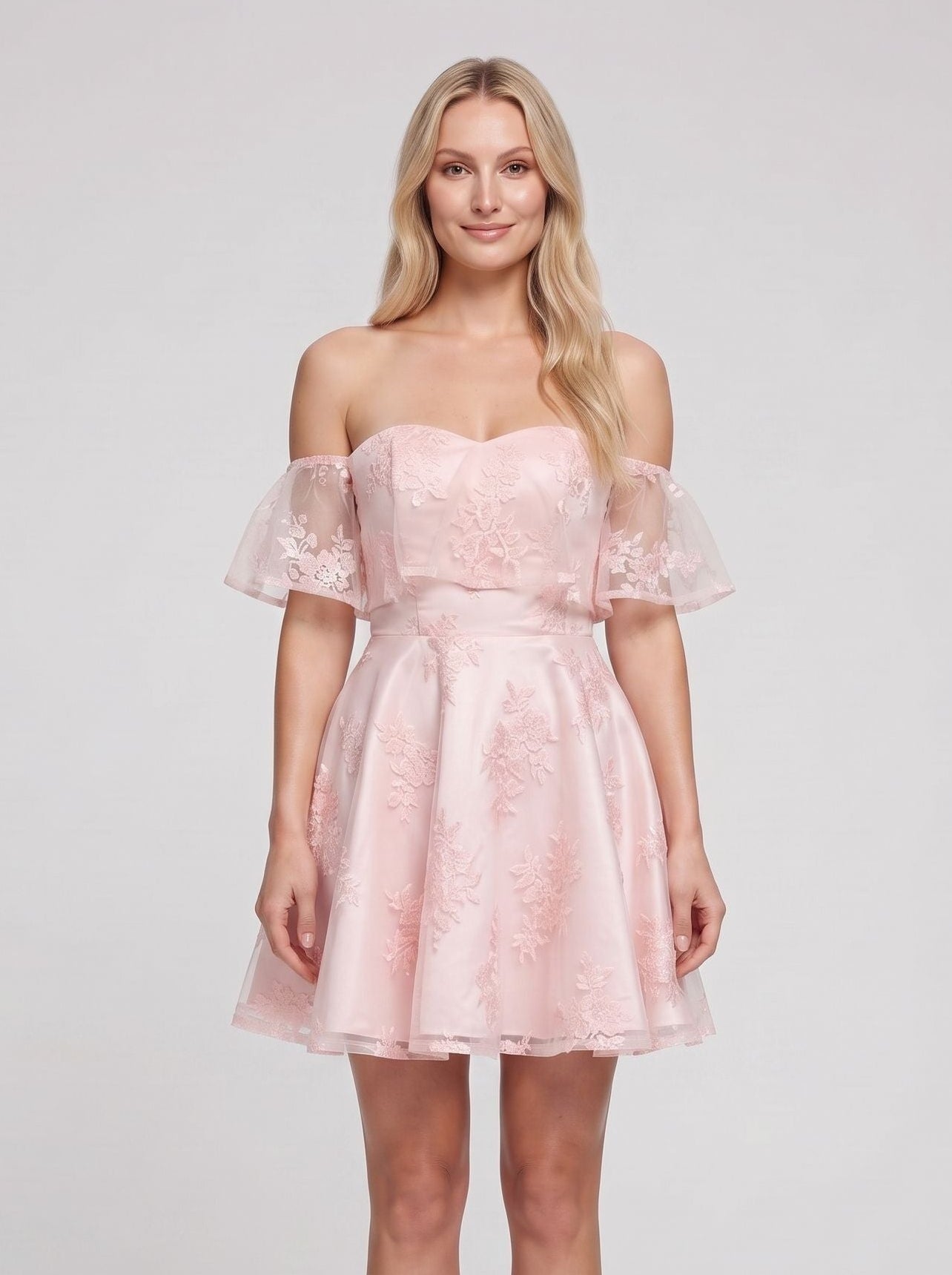 Pink Lace A-Line Off-the-Shoulder Back Zip Short Dress with Sweetheart Bodice - Curvevia