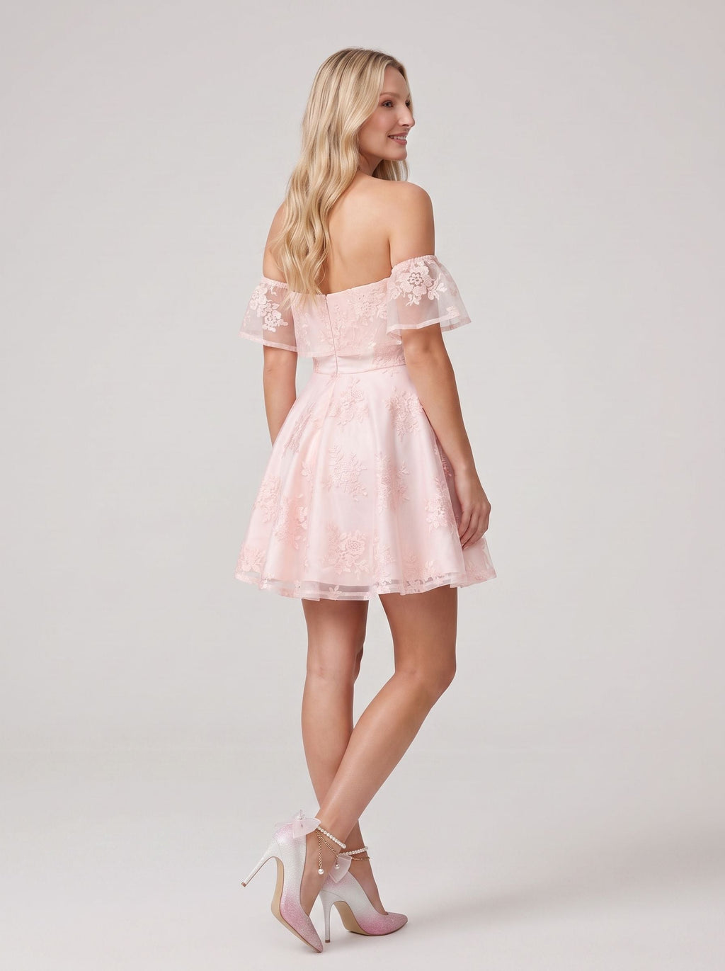 Pink Lace A-Line Off-the-Shoulder Back Zip Short Dress with Sweetheart Bodice - Curvevia
