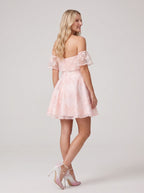 Pink Lace A-Line Off-the-Shoulder Back Zip Short Dress with Sweetheart Bodice - Curvevia