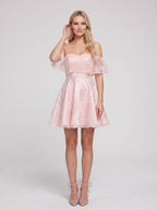 Pink Lace A-Line Off-the-Shoulder Back Zip Short Dress with Sweetheart Bodice - Curvevia