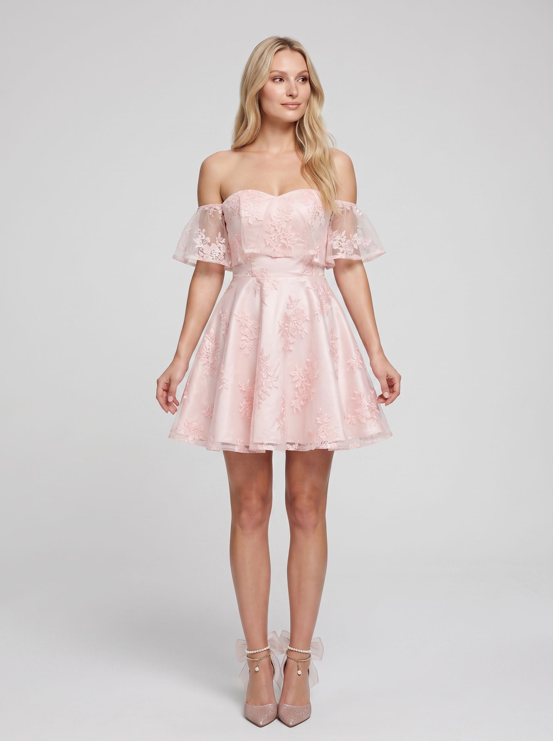 Pink Lace A-Line Off-the-Shoulder Back Zip Short Dress with Sweetheart Bodice - Curvevia