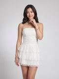 White Lace A-Line Straight Neck Backless Short Dress with Ruffled Hem - Curvevia