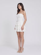 White Lace A-Line Straight Neck Backless Short Dress with Ruffled Hem - Curvevia