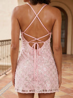 Petal Lace A-Line Sweetheart Lace-up Short Dress with Pleated Satin Bust - Curvevia
