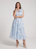 Mist Tulle A-Line Scoop Neck Back Zip Midi Dress with Pockets - Curvevia