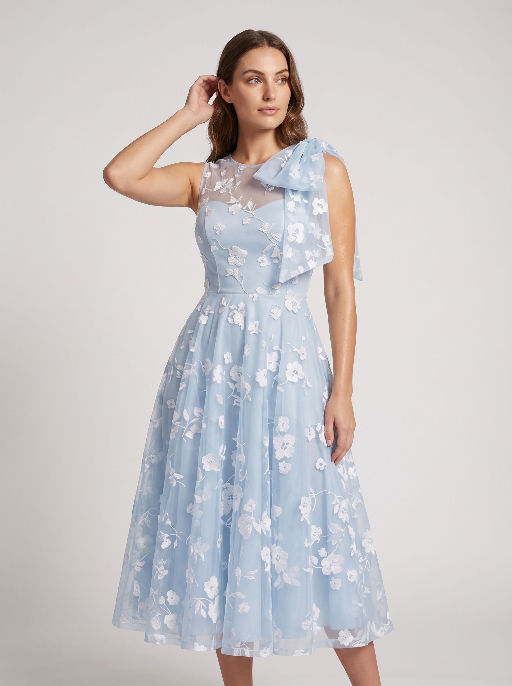 Mist Tulle A-Line Scoop Neck Back Zip Midi Dress with Pockets - Curvevia