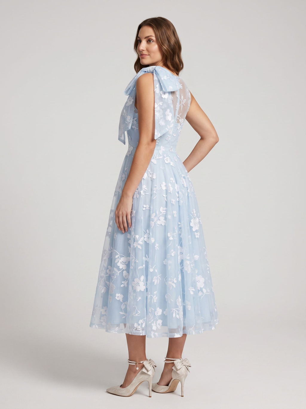 Mist Tulle A-Line Scoop Neck Back Zip Midi Dress with Pockets - Curvevia