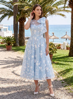 Mist Tulle A-Line Scoop Neck Back Zip Midi Dress with Pockets - Curvevia