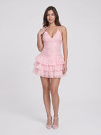 Petal Satin A-Line Halter neckline Backless Short Dress with Cascading Ruffles - Curvevia