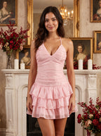 Petal Satin A-Line Halter neckline Backless Short Dress with Cascading Ruffles - Curvevia