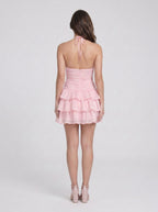 Petal Satin A-Line Halter neckline Backless Short Dress with Cascading Ruffles - Curvevia