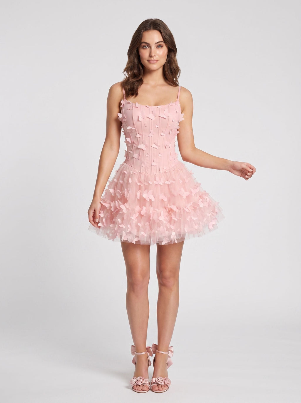 Petal Tulle A-Line Scoop Neck Lace-up Short Dress with 3D Butterflies - Curvevia