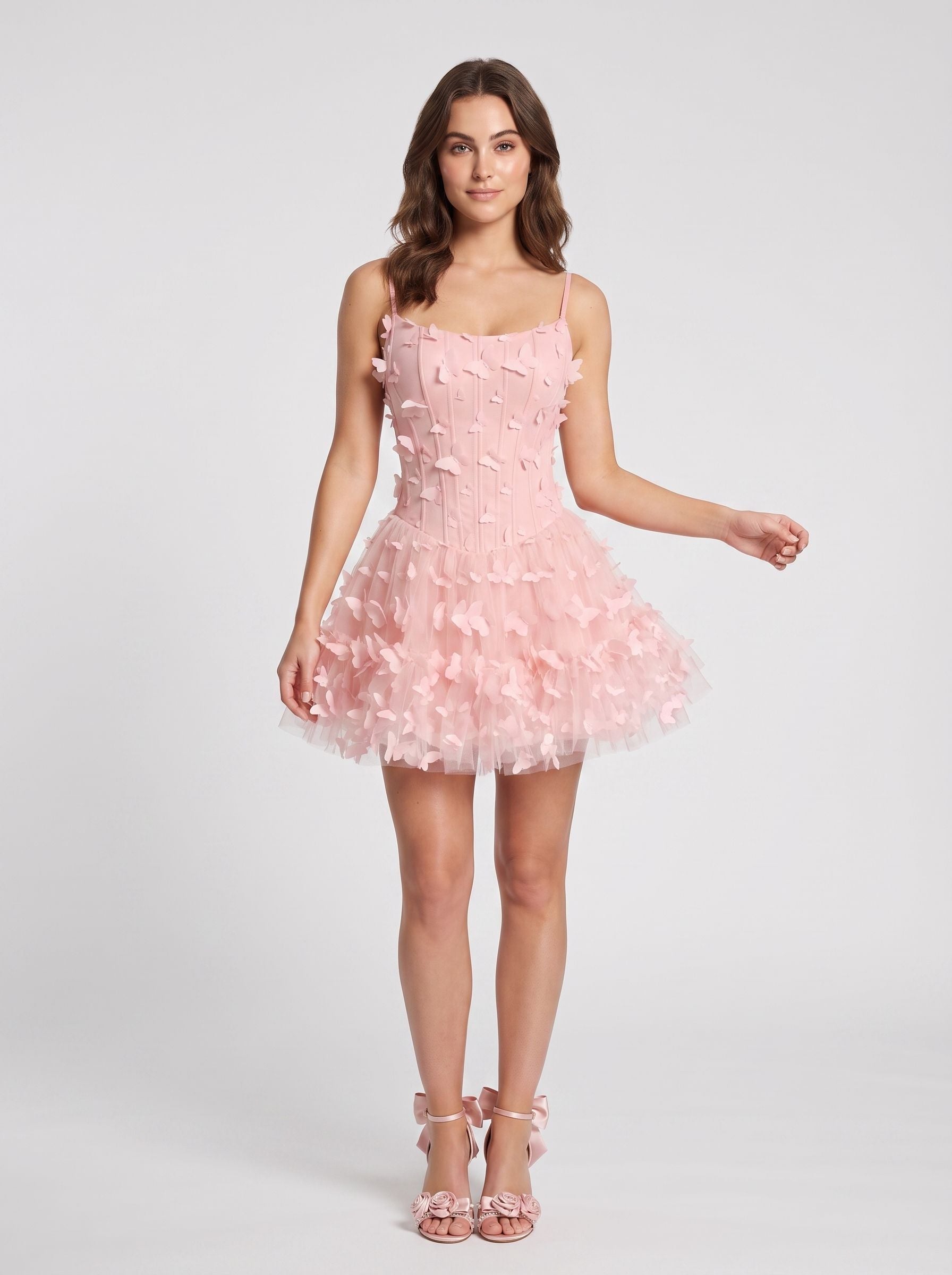 Petal Tulle A-Line Scoop Neck Lace-up Short Dress with 3D Butterflies - Curvevia