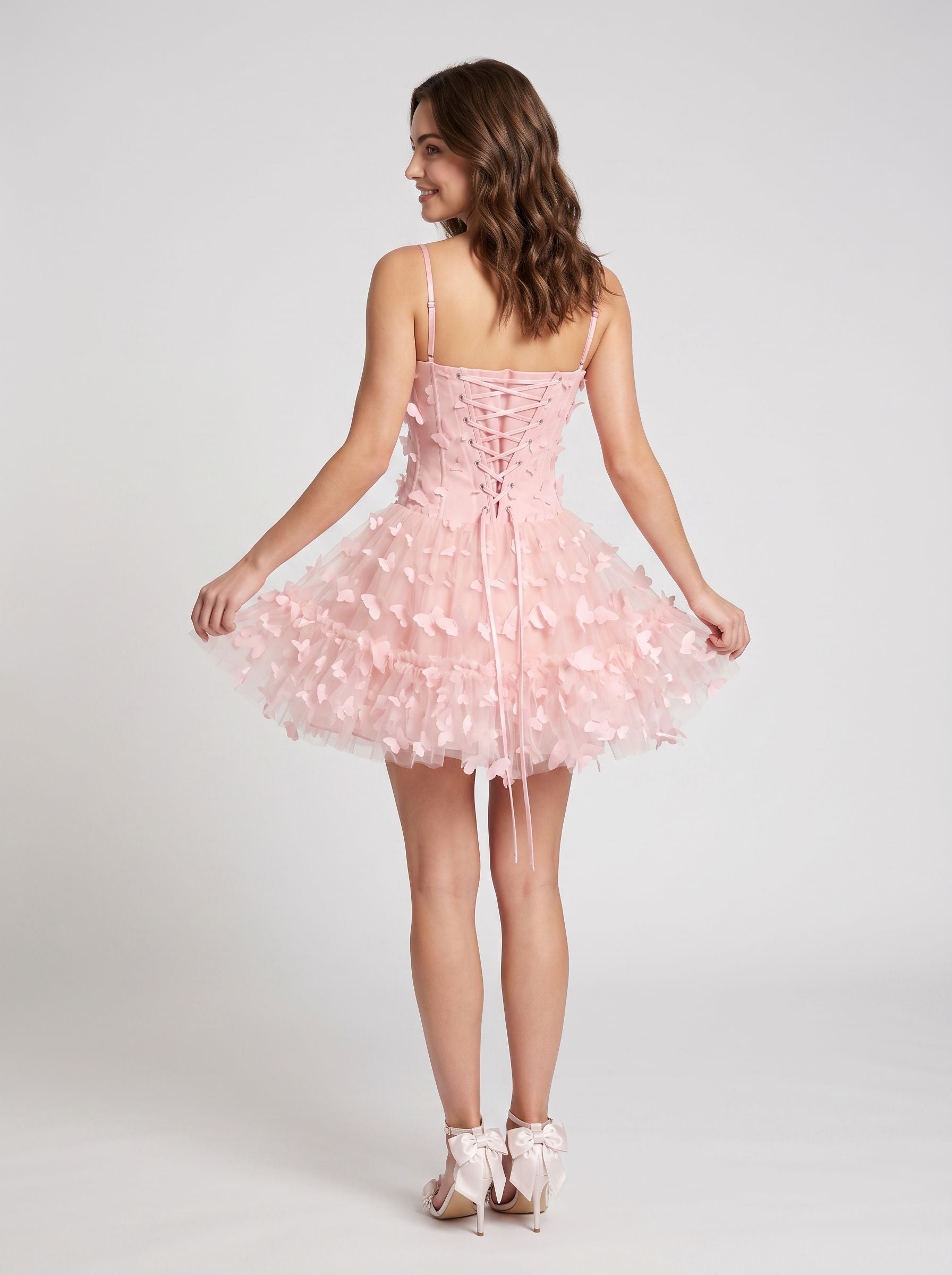 Petal Tulle A-Line Scoop Neck Lace-up Short Dress with 3D Butterflies - Curvevia