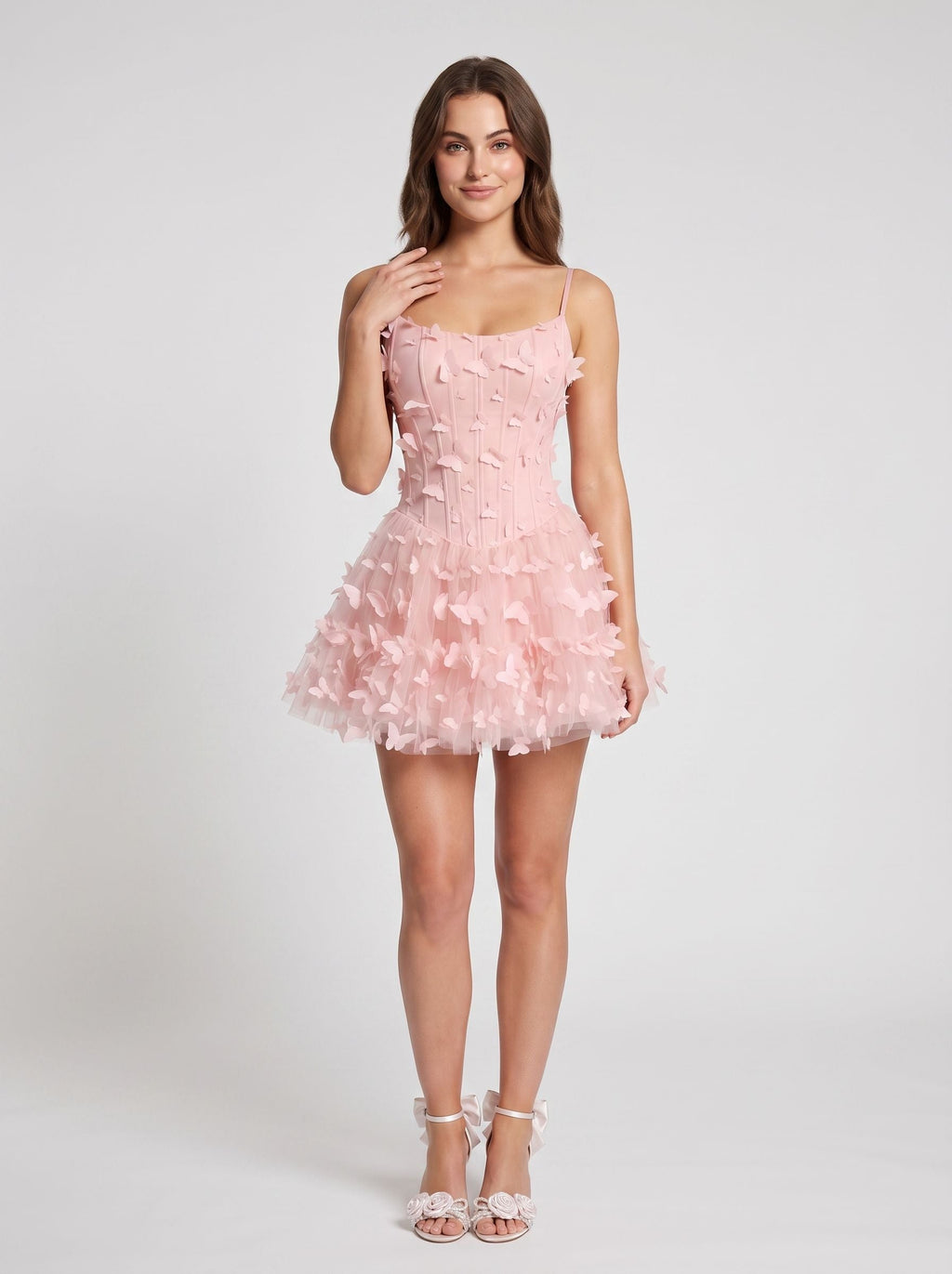 Petal Tulle A-Line Scoop Neck Lace-up Short Dress with 3D Butterflies - Curvevia