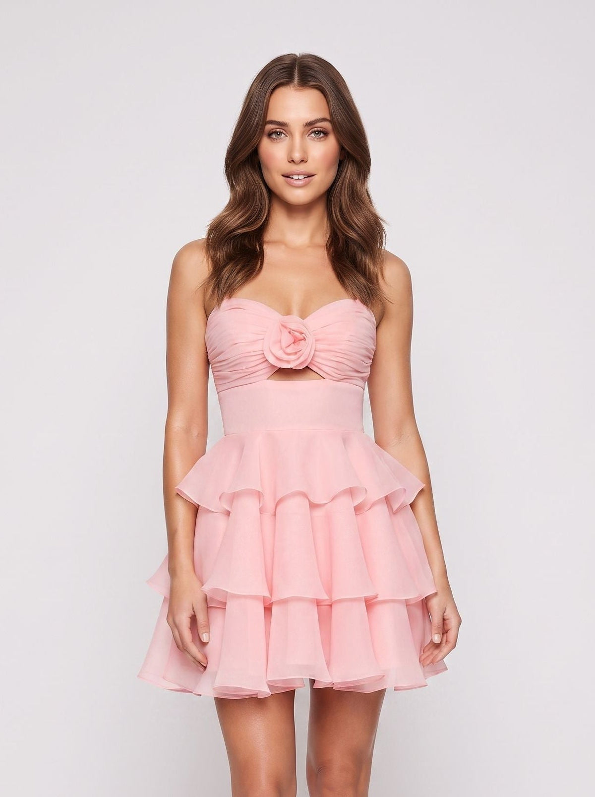 Petal Chiffon A-Line Sweetheart Back Zip Short Dress with 3D Flowers - Curvevia