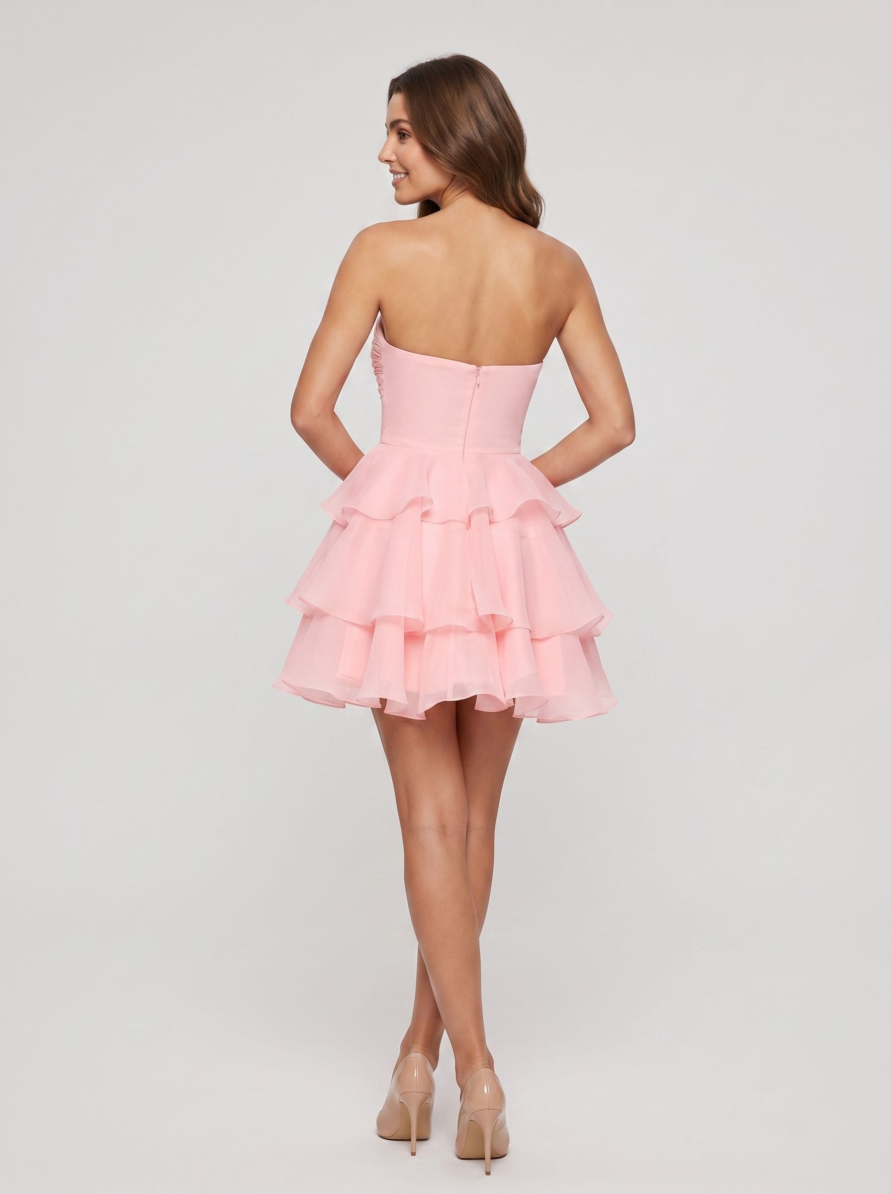 Petal Chiffon A-Line Sweetheart Back Zip Short Dress with 3D Flowers - Curvevia