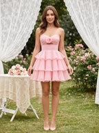 Petal Chiffon A-Line Sweetheart Back Zip Short Dress with 3D Flowers - Curvevia