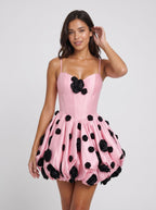 Pink Satin A-Line Sweetheart Back Zip Short Dress with 3D Flowers - Curvevia