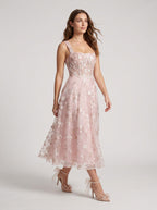 Blushing Pink Tulle A-Line Square Neck Back Zip Tea-Length Dress with Floral Embroidery - Curvevia