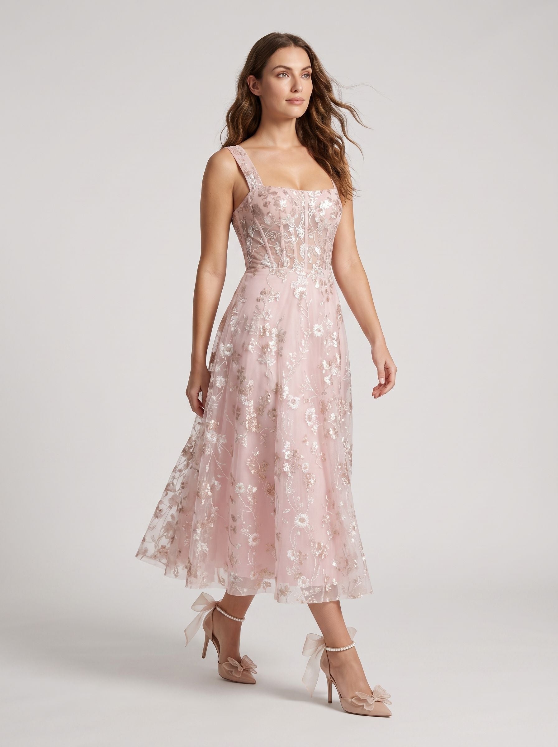 Blushing Pink Tulle A-Line Square Neck Back Zip Tea-Length Dress with Floral Embroidery - Curvevia