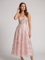 Blushing Pink Tulle A-Line Square Neck Back Zip Tea-Length Dress with Floral Embroidery - Curvevia