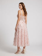 Blushing Pink Tulle A-Line Square Neck Back Zip Tea-Length Dress with Floral Embroidery - Curvevia
