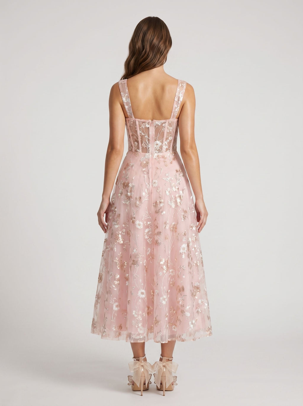 Blushing Pink Tulle A-Line Square Neck Back Zip Tea-Length Dress with Floral Embroidery - Curvevia