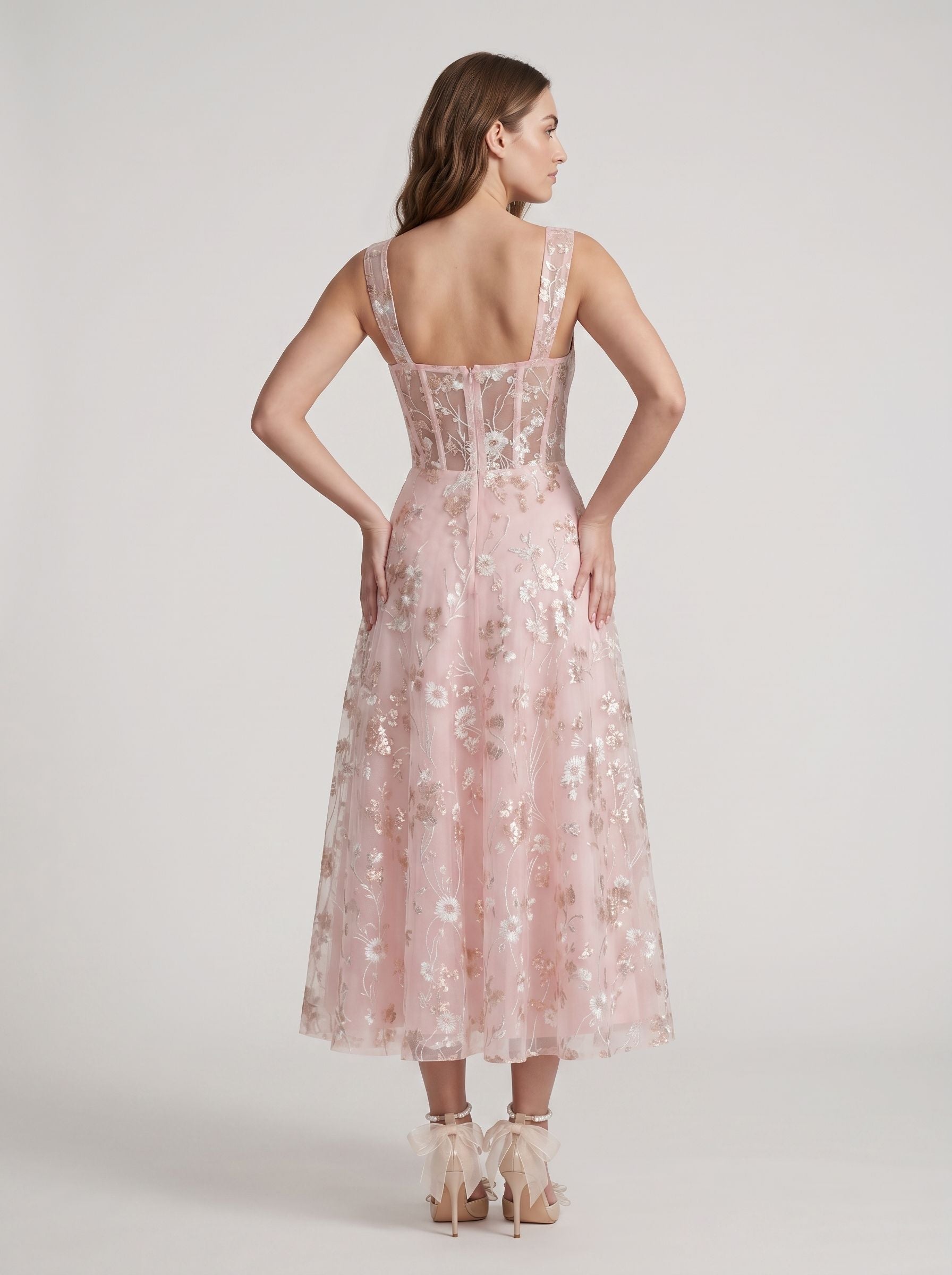 Blushing Pink Tulle A-Line Square Neck Back Zip Tea-Length Dress with Floral Embroidery - Curvevia