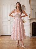 Blushing Pink Tulle A-Line Square Neck Back Zip Tea-Length Dress with Floral Embroidery - Curvevia