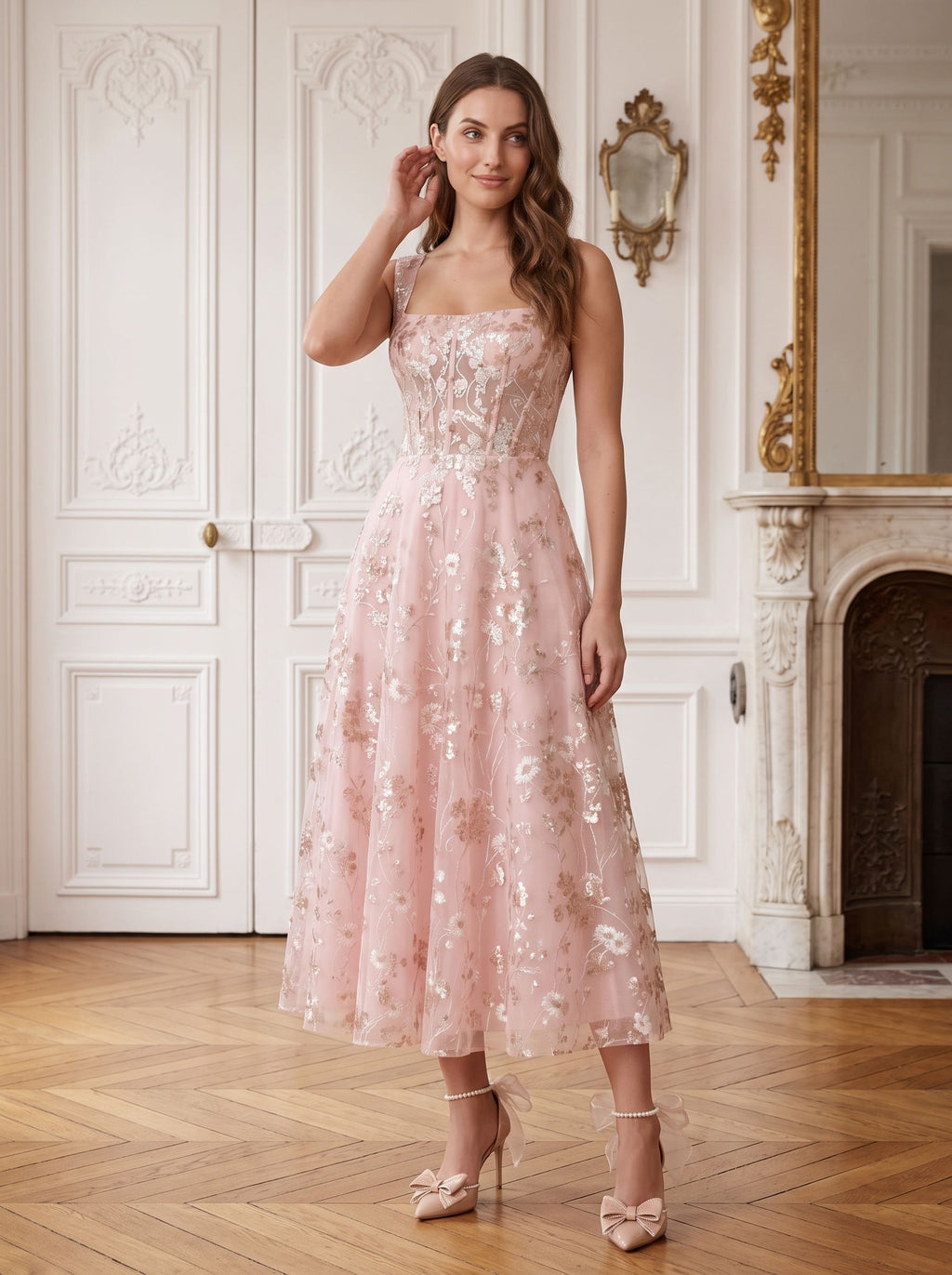 Blushing Pink Tulle A-Line Square Neck Back Zip Tea-Length Dress with Floral Embroidery - Curvevia