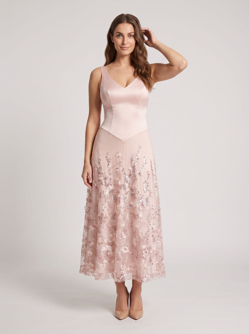 Petal Satin A-Line V-Neck Back Zip Midi Dress with 3D Flowers - Curvevia