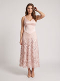 Petal Satin A-Line V-Neck Back Zip Midi Dress with 3D Flowers - Curvevia