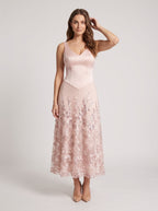 Petal Satin A-Line V-Neck Back Zip Midi Dress with 3D Flowers - Curvevia