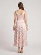 Petal Satin A-Line V-Neck Back Zip Midi Dress with 3D Flowers - Curvevia